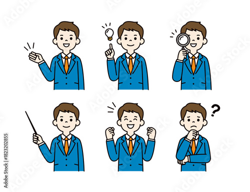 いろいろなポーズの、スーツを着た若い男性の上半身ベクターイラスト素材セット＿カラー