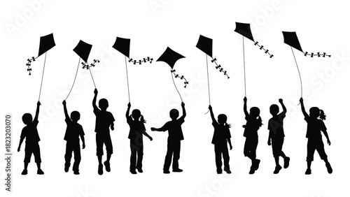 Children flying kites silhouette isolated on white background, Vector