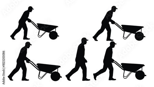Man pushing wheelbarrow silhouettes isolated on white background, Vector