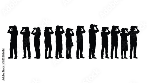 Group of people with binoculars silhouettes isolated on white background, Vector
