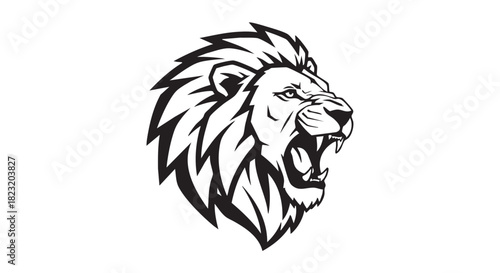 Lion head silhouette in black and white graphic vector illustration
