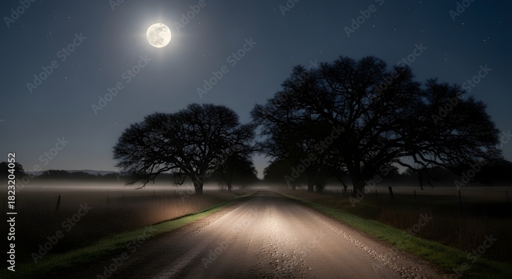 Fototapeta premium Moonlit country road lined with silhouetted trees, headlights illuminate the path in a mystical, atmospheric night scene