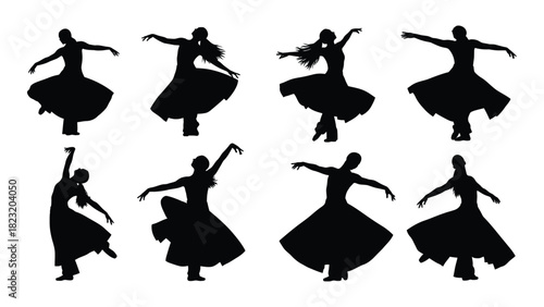 Indian classical dance silhouettes isolated on white background, Vector