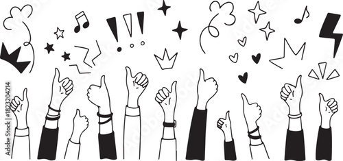 Raising hands with thumb up doodle background. Birthday celebration, music festival, corporate event poster black and white