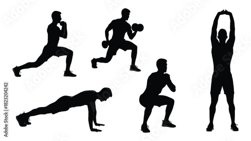 Male fitness exercise silhouettes collection isolated on white background, Vector