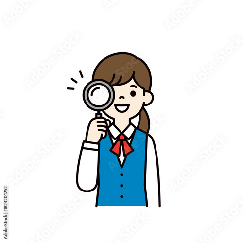虫眼鏡を覗いて分析する、制服を着た若い女性のシンプルな上半身ベクターイラスト素材＿カラー