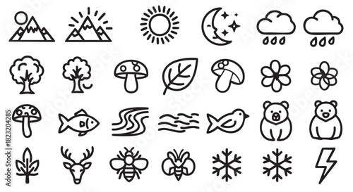 Minimalist graphic nature icons set representing various ecological elements