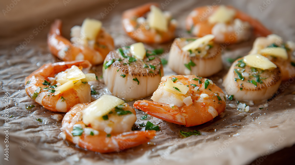 Fototapeta premium Baked Shrimp and Scallops with Butter on a Baking Sheet