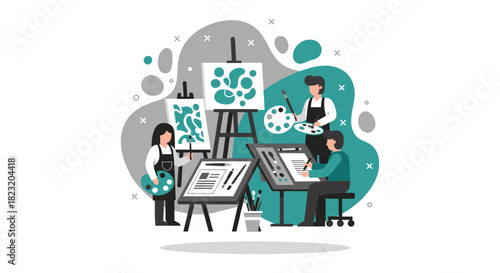 Artistic individuals collaborate in a creative studio, painting on canvases and drawing at a drafting table, fostering artistic expression and innovation.