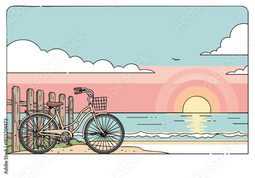 Bicycle on the Beach at Sunset with Ocean View