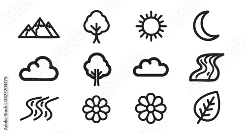 Nature icons drawing set with flower cloud river tree and mountain