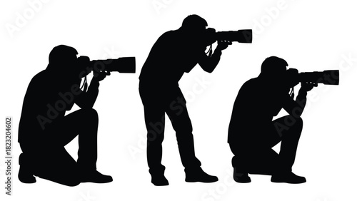 Professional photographers silhouettes with telephoto lenses isolated on white background, Vector