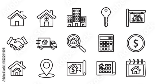 Real Estate and Moving Related Icons on White Background Concept