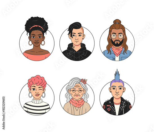 Diverse people avatars displaying unique styles and generations