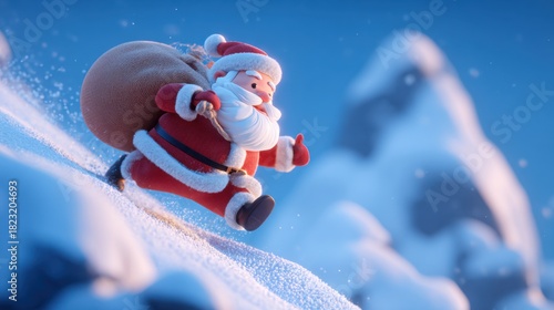 Santa Claus Toy Running in Snowy Winter Landscape with Snow-covered Trees