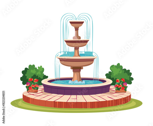 Classic tiered stone fountain centerpiece surrounded by potted red flowers and green shrubbery in a peaceful sunny garden park setting - Vector Illustration