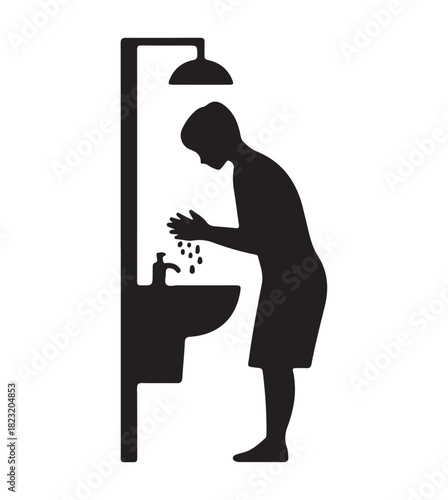 Silhouette of a man washing his hands in a sink simple vector illustration isolated on white background