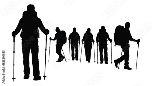 Group of hikers silhouette isolated on white background, Vector