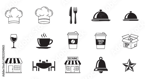 Restaurant and culinary vector icons in black and white illustration