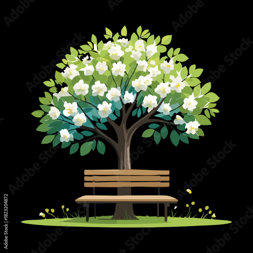 Large blooming tree with white flowers and a wooden bench underneath flat vector illustration design