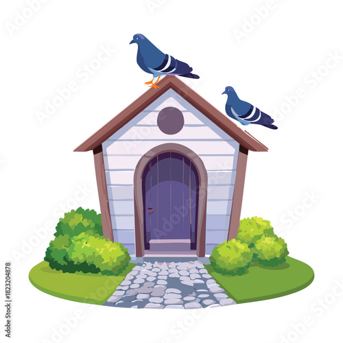 Cute small blue birdhouse with a purple door and two pigeons on the roof vector illustration