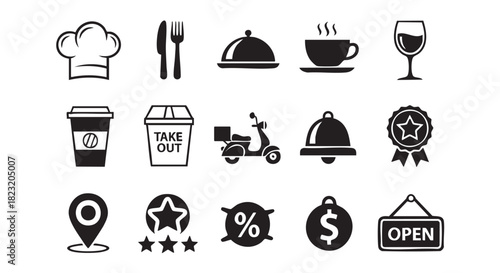 Restaurant and food related icon set in black and white style