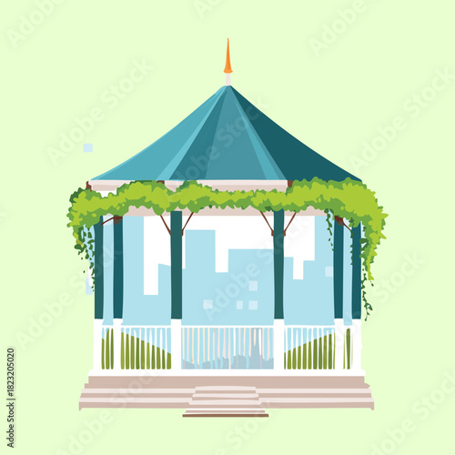 White garden gazebo with a teal roof and climbing green vines flat vector illustration design element