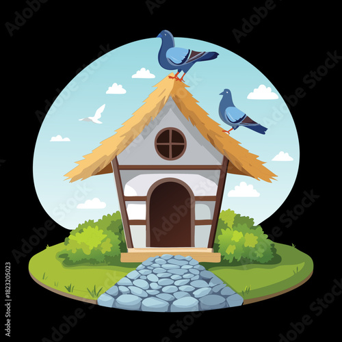 Small wooden birdhouse with two blue birds on a thatched roof in flat vector illustration design