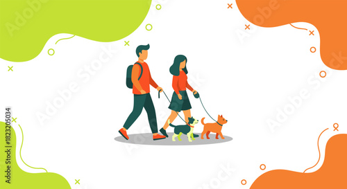 A couple walks their two dogs on a leash, enjoying a sunny day outdoors with a vibrant, abstract background.