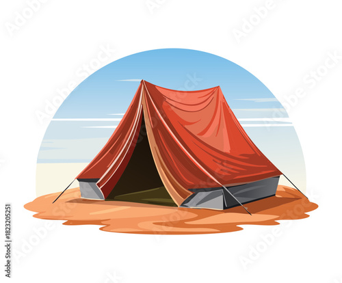 Large red camping tent pitched in a vast desert landscape with mountains flat vector illustration art
