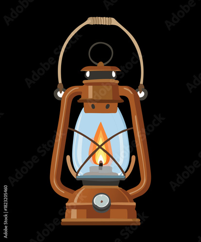 Traditional metal oil lantern with a warm lit flame for camping and outdoor adventures vector illustration