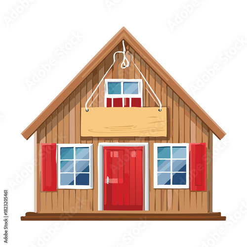 Cozy wooden mountain cabin with red doors and window shutters in flat vector illustration design element