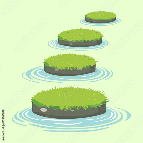 Stepping stone platforms on rippled water surface in calm blue pond flat vector illustration design element