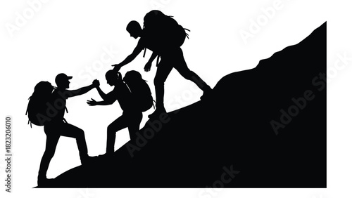 Teamwork mountaineering silhouette isolated on white background, Vector