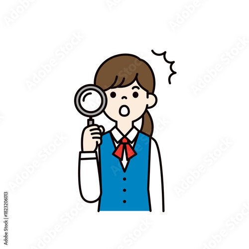 虫眼鏡を持って驚く、制服を着た若いOLのシンプルな上半身ベクターイラスト素材＿カラー