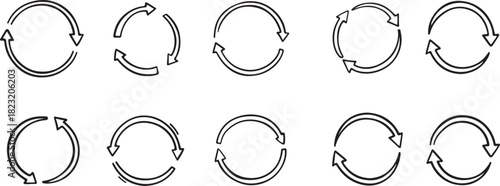 Hand drawn sketch rotation arrow symbol. Repeat round cycle doodle icon. Sync, load, downloading, renew symbol black and white vector 