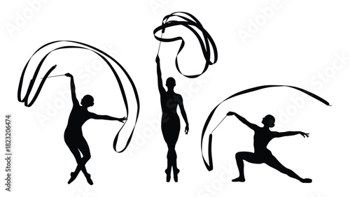 Rhythmic gymnastics ribbon silhouettes isolated on white background, Vector