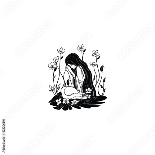 vector illustration featuring a woman with long, flowing hair sitting peacefully or contemplatively amidst stylized flowers