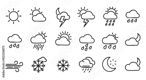 Weather Icon Set Doodles Hand Drawn Vector Illustration Symbols