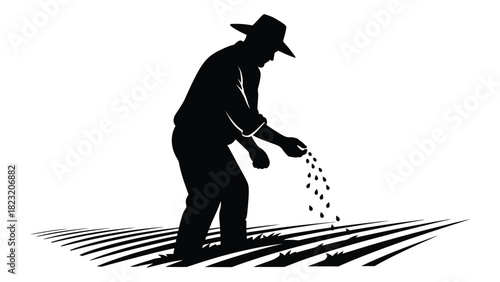 Farmer sowing seeds silhouette isolated on white background, Vector