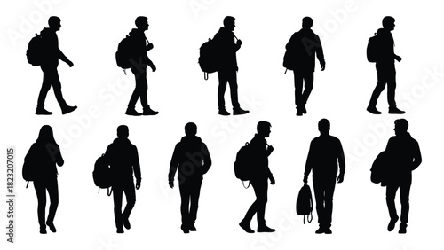 Student and traveler silhouettes with backpacks isolated on white background, Vector