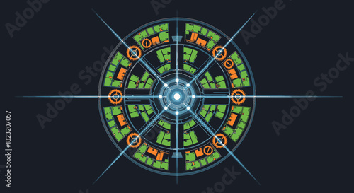 A captivating abstract technological design featuring a glowing central core and intricate circuit-like patterns, symbolizing data flow and digital innovation.