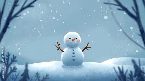 Whimsical Winter Scene Featuring a Cheerful Snowman Amidst Falling Snow and Bare Trees in Soft Blues