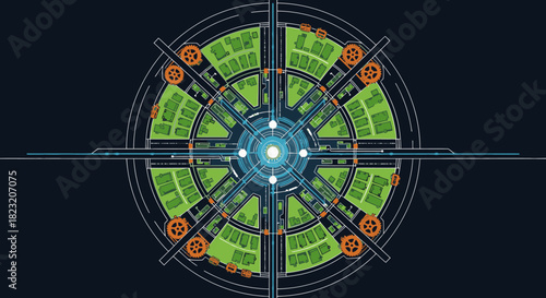 An intricate futuristic digital interface visualizes interconnected systems and data flow, symbolizing advanced technology, smart city infrastructure, and global networks.