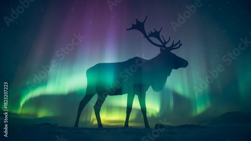 Majestic reindeer silhouette against the dazzling aurora borealis, an ethereal winter spectacle.
