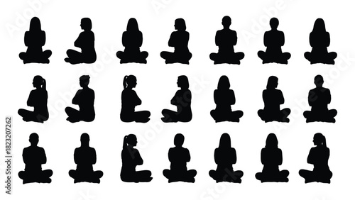 Silhouettes of people sitting cross-legged isolated on white background, Vector