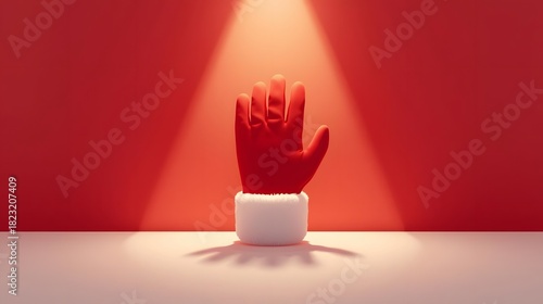 A radiant red glove with a pristine white cuff sits bathed in a warm spotlight. Simple, bold and striking.