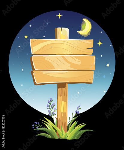 Blank wooden signpost standing in a forest glade under a crescent moon vector illustration design