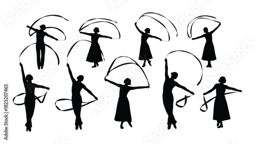 Rhythmic gymnastics ribbon silhouettes isolated on white background, Vector