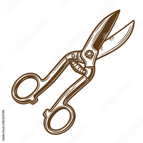 Detailed vintage sketch illustration of metal garden shears with open blades on white background